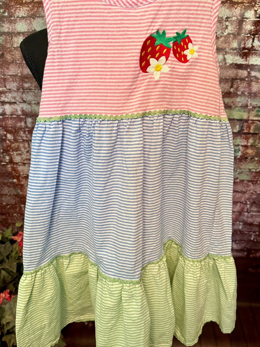 Girls Pink, Blue & Green Striped Strawberry Tiered Dress
